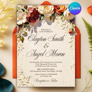 Luxury Embossed Wedding Invitation, Impasto Floral Marriage Suite, Elegant Oil Paint Roses, Editable Canva Template