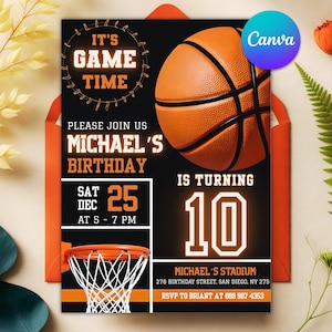 Invito di compleanno modificabile a tema basket, invito di compleanno per festa sportiva, tema sportivo, festa di compleanno per bambini, inviti stampabili a tema basket