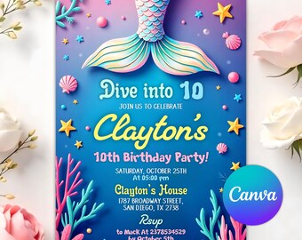 Faire-part d'anniversaire queue de sirène, sirène Bash sous l'invitation d'anniversaire de la mer, invitations de fête de sirène, fête d'anniversaire lunatique modifiable