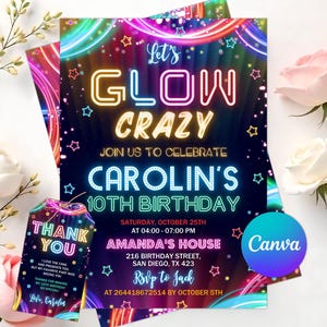 Editable Neon Glow Birthday Invitation: Canva Template (Digital Download)