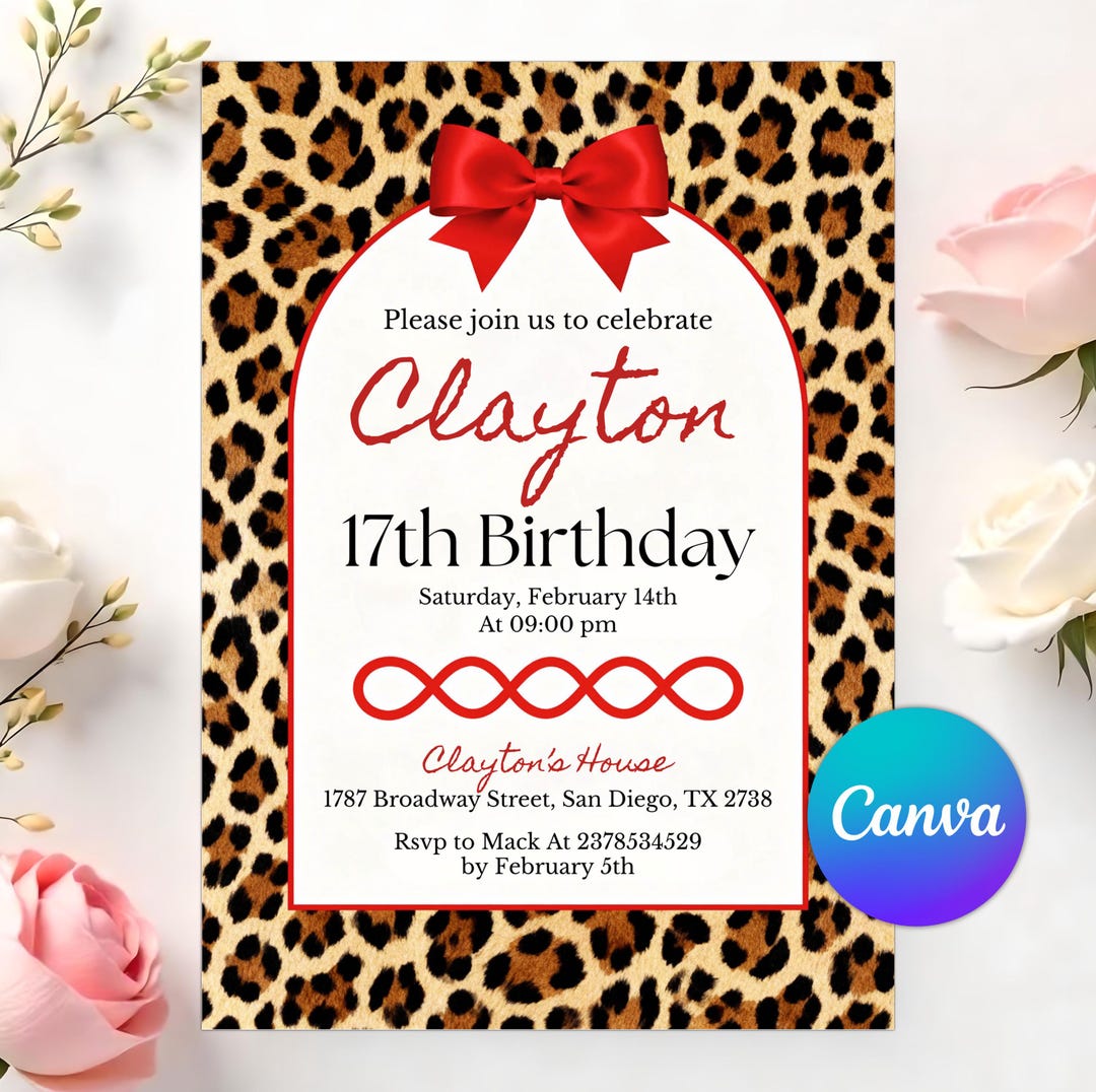 Cheetah Print Birthday Invitation,leopard Print Party,leopard Red Bow ...