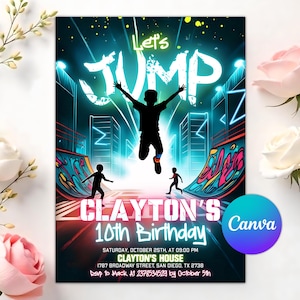 May include: A vibrant birthday invitation with a neon-lit cityscape and a silhouetted figure jumping. The words "Let's JUMP" are prominently displayed, along with "Clayton's 10th Birthday" and event details. The design features a colorful skate park.