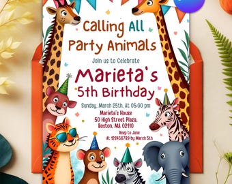 Party Animal Invitation Jungle Birthday Invitation Animal Birthday Invitation Zoo Invitation Theme Editable Safari Birthday Invitation