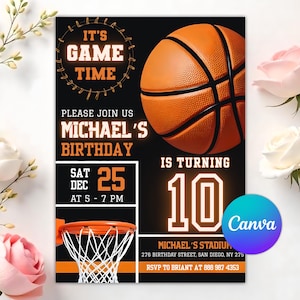 May include: Basketball-themed birthday invitation with a black background. The design includes a basketball, a basketball hoop, and the text "It's Game Time." The invitation is for Michael's 10th birthday, scheduled for December 25th.