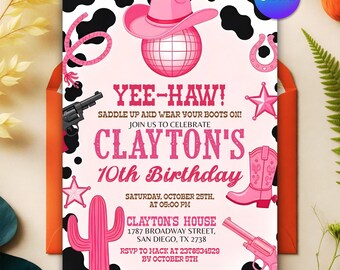 Invito di compleanno a tema cowgirl, invito per una festa a Nashville, festa di compleanno a tema cowgirl spaziale, cowgirl rosa, disco rodeo, modello Canva modificabile