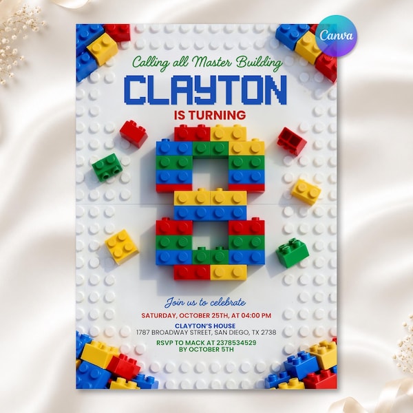 8th Building Blocks Birthday Invitation, Bricks Party Invite, Master Builder Birthday Party, Editable Canva Template
