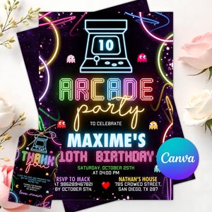 Arcade Birthday Invitation Template, Arcade Invitation, Retro Gaming Invite, Boys Gamer Party, Video Game Party, Any Age, Editable Canva