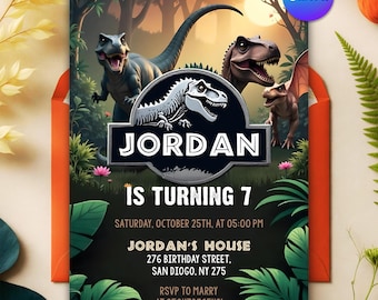 Dinosaurier-Geburtstagseinladung, Dinosaurier-Welteinladung, T-Rex-Party einladen, Geburtstagsfeier jedes Alters, druckbare, bearbeitbare Canva-Vorlage