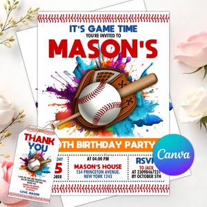 Baseball Birthday Invitation, Baseball Party Invitation, Sports Theme Invite, Slugger Ball Game, Instant Download, Editable Canva Template