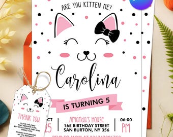 Editable Kitty Cat Birthday Invitation, Cat Party Invite, Cat Theme Birthday Invitation, Are You Kitten Me Birthday, Paw-ty Birthday Invite