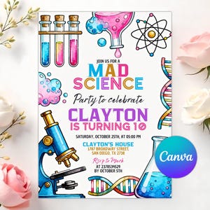 Pode incluir: Um convite para uma festa Mad Science com um microscópio azul, tubos de ensaio e um balão. O texto do convite diz "Festa Mad Science para celebrar os 10 anos de Clayton" com detalhes do evento. O design inclui ilustrações coloridas.
