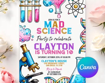 Mad Science Birthday Invitation, Boy Science Party, Neon Lab Experiment, Scientist Invitation, Experiment Birthday, Editable Canva Template