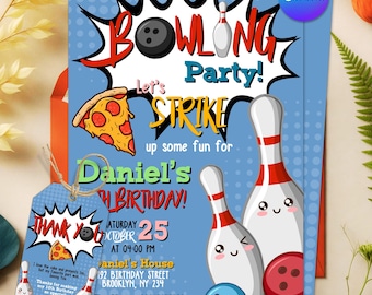 Bowling Birthday Invitation, Strike Up Some Fun, Bowling Party Invites, Birthday Card, Pizza, Any Age, Editable Canva Template