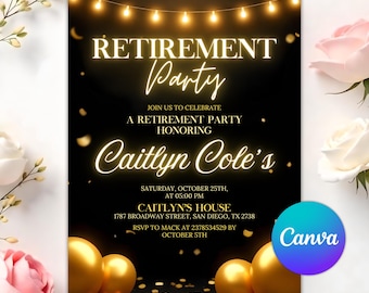 Editable Retirement Party Invitation Template, Retirement Dinner Elegant Black White Gold Sparkle Glitter, Retirement Party It's a Surprise