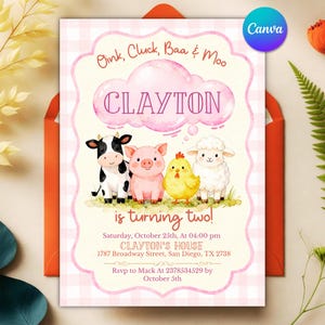 May include: A pink and white gingham patterned invitation with the text "Oink, Cluck, Baa & Moo" and "CLAYTON". The invitation features illustrations of a cow, pig, chick, and sheep. The text "is turning two!" is also included.