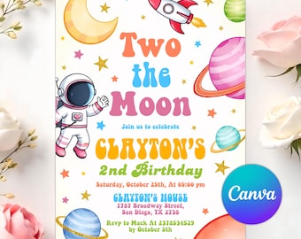 Editable Two the Moon Birthday Invitation, Space Astronaut Party Invite, Canva Template, Outer Space 2nd Birthday Printable