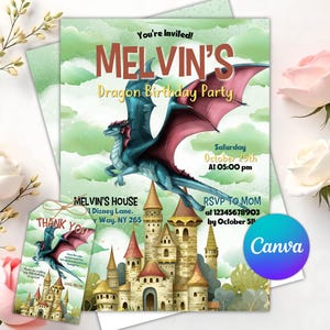 Invitación de cumpleaños de dragón, invitación editable de castillo mágico, invitación de fiesta de cumpleaños de dragón, imprimible, descarga instantánea