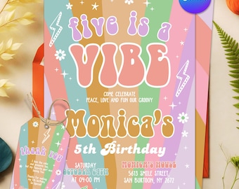 Editable FIVE is a Vibe Invite Daisy Rainbow Groovy 5th Birthday Invite Hippie Retro 1st Birthday Invitation Instant Download