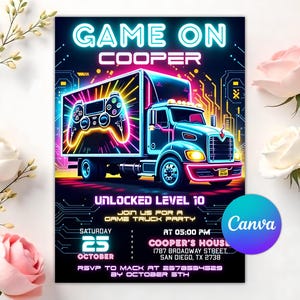 Neon Video Game Birthday Invitation: Gamer Truck Party (Instant Download, Editable Canva Template)