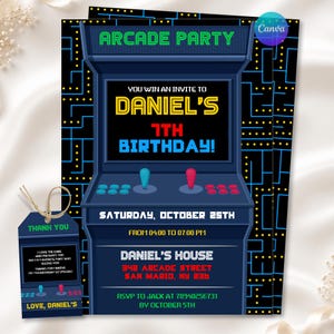 Arcade Birthday Invitation, Gamer Party Invite, Retro Video Game Invitation, Gaming Party Theme, Editable Canva Template