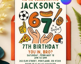 Invitación divertida para cumpleaños de 6 a 7 años, fiesta viral de memes "You In Bro", temática deportiva para niño de 7.º cumpleaños, plantilla editable de Canva