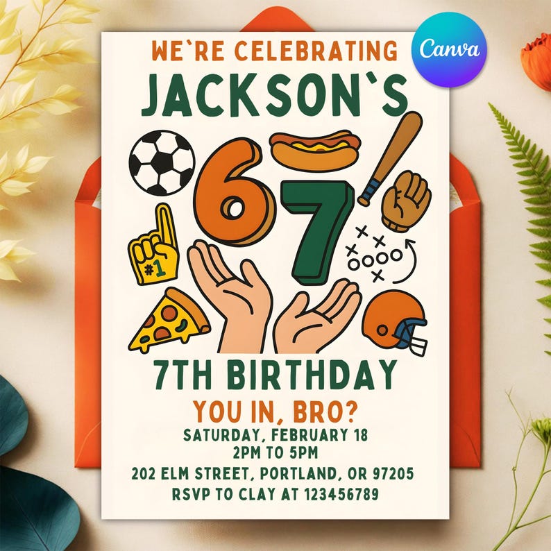 Funny 6-7 Birthday Invitation, You In Bro Viral Meme Party, Sports Theme 7th Birthday Boy, Six Seven Invite, 67 invitation,boys birthday party,six seven birthday,6 7 birthday invite,7th birthday invite,kids birthday invite,sports birthday,meme birthday invite,funny kids birthday,any age invitation,trending viral meme,baseball basketball,six seven invite