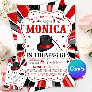 Op de afbeelding: Een uitnodiging voor een verjaardagsfeestje met een magisch thema. Het ontwerp bevat een zwarte hoge hoed met een rode band en een toverstaf. De uitnodiging toont de naam "MONICA" in het rood en feestdetails.