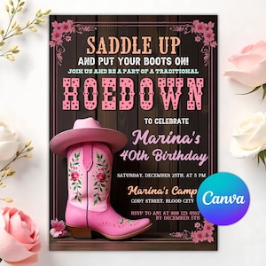 Editable Pink Cowgirl Birthday Invitation, Cowgirl Hoedown Birthday Party Invitation, Country Western Invitation, Instant Download