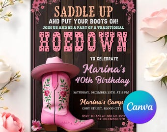 Editable Pink Cowgirl Birthday Invitation, Cowgirl Hoedown Birthday Party Invitation, Country Western Invitation, Instant Download
