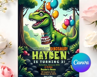 Edytowalne zaproszenie na dinozaura, zaproszenie na przyjęcie urodzinowe dinozaura, zaproszenie na przyjęcie T-Rex, zaproszenie na urodziny dinozaura, edytowalny szablon Canva