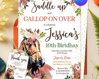 EDITABLE Horse Birthday Invitation, Cowgirl Invite, Horse Birthday, Horse Invite, Cowgirl Party, Pink Floral Birthday Invitation, Template