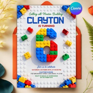 Invitación de cumpleaños con temática de bloques de construcción para sexto grado, invitación a fiesta de ladrillos, fiesta de cumpleaños de maestro constructor, plantilla editable de Canva.
