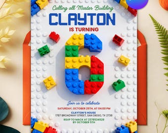 6th Building Blocks Birthday Invitation, Bricks Party Invite, Master Builder Birthday Party, Editable Canva Template