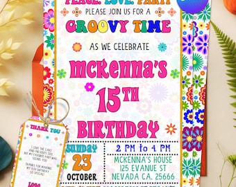 Hippie Invitation, Hippie Birthday Invitation, Hippie Party, Groovy Invitation, Peace Sign 1960s 70s Invitation, Editable Canva Template