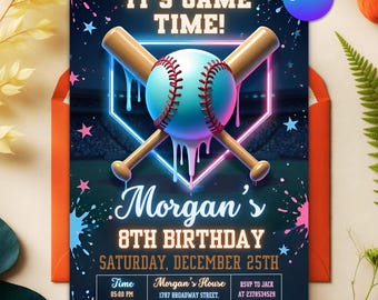 Baseball Ice Cream Drip Birthday Invitation, EDITABLE Baseball Invite, Ice Cream Drip, Baseball Drip Invite, Baseball Ice Cream neon party