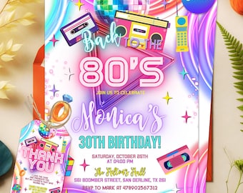 編集可能な80年代風招待状、80年代風誕生日パーティー招待状、80年代にタイムスリップ、ハウスパーティー、ネオングロー誕生日招待状、Canvaテンプレート