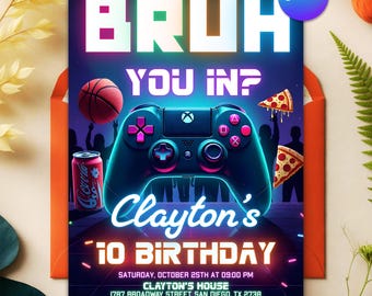 Editable BRUH YOU IN Neon Gamer Birthday Invitation, Video Game Birthday Party Invitation, Level Up Birthday Invite, Editable Canva Template