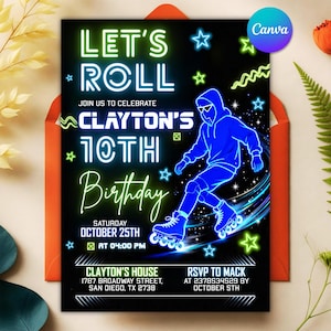 Neon Roller Skate Birthday Invitation, Let's Roll Boy Party Invite, Rollerblading Glow in the Dark, Any Age, Editable Canva Template
