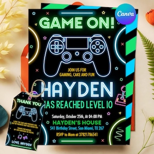 Video Game Birtday Party Invitation, Neon Level Up Birthday Invite, Gamer Boy, Arcade Party Invite, Gaming Theme, Editable Canva Template