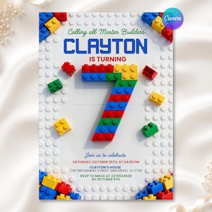 7th Building Blocks Birthday Invitation, Bricks Party Invite, Master Builder Birthday Party, Editable Canva Template