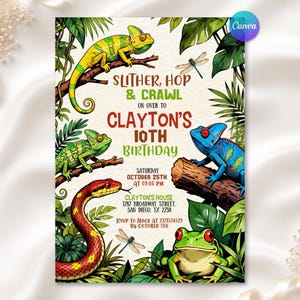 Inbjudan till reptilfödelsedag, inbjudan till reptilutställning, inbjudan till slingrande hoppande krypfest, födelsedag för möten med djur, redigerbar Canvas-mall