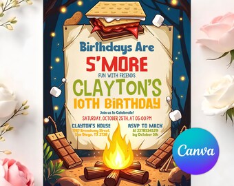 Editable S'mores Birthday Invitation, Campfire Bonfire Kids Party, Camping Outdoor Invite, Printable Template, Backyard Birthday, Canva