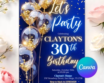 Royal Blue Gold Birthday Invitation, Editable 30th 40th 50th Template, Instant Download Canva Template, Print or Send