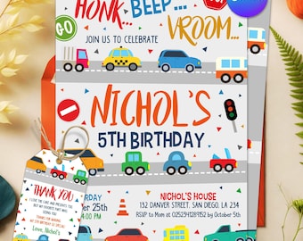 Transportation Birthday Invitation, Cars and Trucks Party Invite, Honk Beep Vroom Theme, Editable Canva Template