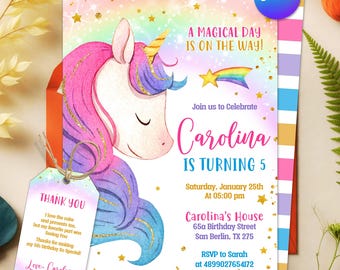 Unicorn Birthday Invitation, Pastel Rainbow Princess Party Invite, Magical Birthday Party, Girls Bday Invitation, Editable Canva Template