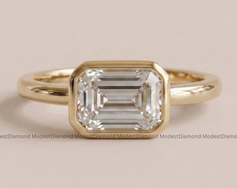 East West Emerald Cut Moissanite Engagement Ring in Yellow Gold Bezel Set Wedding Ring Elegant Bridal Jewelry Unique Proposal Ring for Women