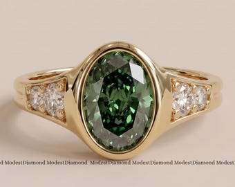 Green Oval Cut Moissanite Engagement Ring in 18K Yellow Gold Bezel Set Five Stone Ring Minimalist Bridal Jewelry Anniversary Gift for Her