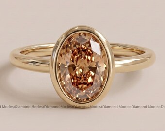 Champagne Oval Cut Moissanite Solitaire Ring in 14K Solid Gold Bezel Wedding Ring Elegant Promise Ring Unique Engagement Gift for Her