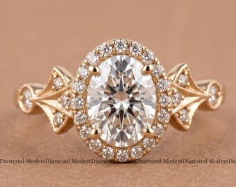 Anillo de compromiso con halo de moissanita de talla ovalada en oro amarillo. Anillo floral vintage. Joyería nupcial Art Déco. Elegante regalo de boda hecho a mano para ella.