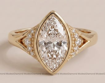 Marquise Cut Moissanite Engagement Ring in 14K Yellow Gold Vintage Milgrain Ring Elegant Statement Jewelry Unique Wedding Gift for Women